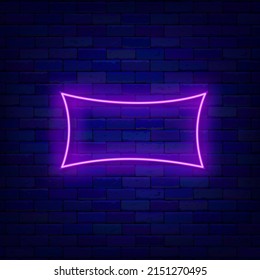 Marco rectangular de neón violeta sobre una pared de ladrillo. Enmarcado horizontal. Frontera retro. Copiar espacio. Volante brillante. Afiche de efecto brillante. Trazo editable. Ilustración de material vectorial