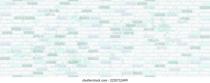 Rectangular wall with a texture of bricks in aged light blue with scuffs and chips. Seamless background.