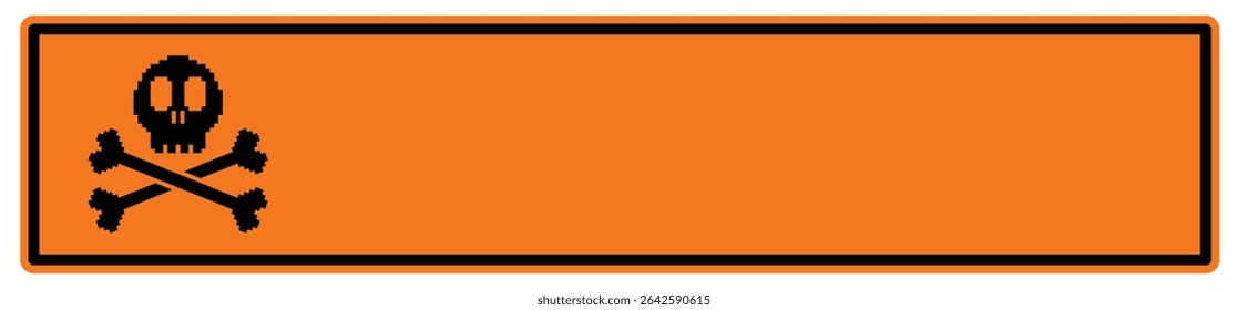 banner de aviso retangular com um crânio pixelado e um ícone de ossos cruzados no lado esquerdo, com amplo espaço em branco à direita para textos ou símbolos personalizados