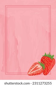 Rectangular watercolor background with frame and strawberries. Vector illustration. Suitable for print, social media and backdrops.
