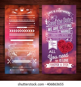 Rectangular we are getting married love theme stationery with extra icons, frames and borders over wooden background