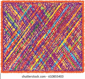 Rectangular weave rug with colorful diagonal grunge striped checkered pattern and fringe