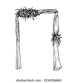 rectangular wedding arch with fabric (drapery) and flowers - vector doodle sketch style