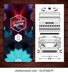 Rectangular wedding ceremony invitation template with text placeholder, optional border and frame object decorations over purple and blue geometric shapes