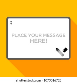 Rectangular white board with metal frame and space for information that you want to inform. There is a marker to make an attention, eye spot.