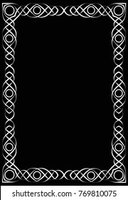 Rectangular white Celtic frame on a black background. Isolated vector image.