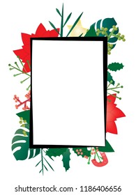 
Rectangular white frame with space to write, surrounded by foliage. Leaves and flowers.