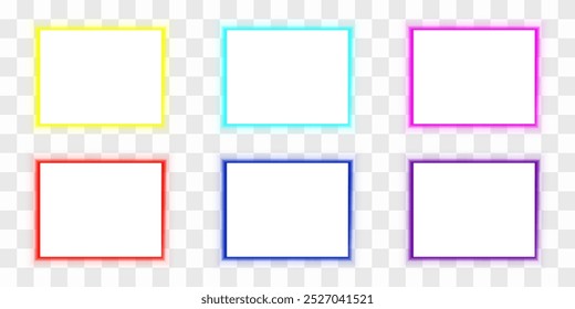 Quadros brancos retangulares com painel led multicolorido. Amarelo, turquesa, rosa, vermelho, azul, roxo neon brilho efeito. Ilustração vetorial 3d isolada em fundo transparente.