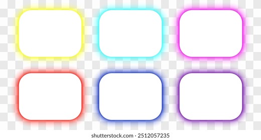 Quadros brancos retangulares com cantos arredondados com painel led multicolorido. Amarelo, turquesa, rosa, vermelho, azul, roxo neon brilho efeito. Ilustração vetorial 3d isolada em fundo transparente.