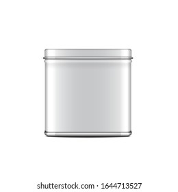 Rectangular white gloss tin can. Container for coffee, tea, sugar, sweet, spice. Vector realistic illustration packaging for your design