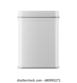 Rectangular white glossy tin can. Container for dry products - tea, coffee, sugar, candy, spice. Realistic packaging mockup template. Vector illustration.