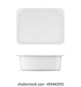 Rectangular white matt plastic tub with foil lid for dairy products - cream cheese, butter, margarine, spread, sour cream, cottage cheese.. Realistic packaging mockup template. Top and front view 200g
