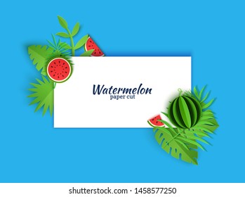 Rectangular white note sheet decorated with jungle paper cut green leaves and watermelon. Applique whole and pieces of berry on paper foliage on a blue background. Vector card illustration