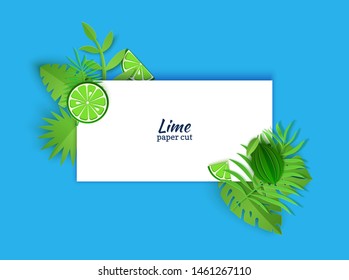 Rectangular white note sheet decorated with jungle paper cut green leaves and lime. Applique whole and pieces of lemon paper foliage on a blue background. Vector card illustration.