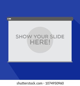 Rectangular white projection screen with box on top. There is space to display an information or movie on a blue background.