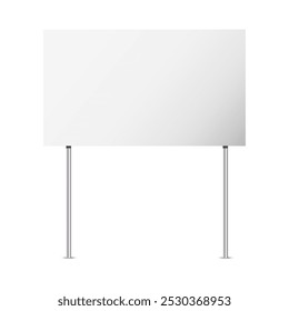 Rectangular white sign on a metal pole. Blank white surface with no texture. Silver round vertical pole.