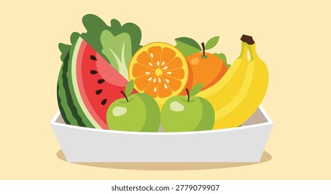 Rectangular white tray overflowing with various fresh fruits including watermelon orange bananas apples and greens.
