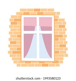 Rectangular window on brick wall with curtains inside flat vector illustration