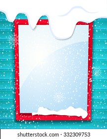 Rectangular window outside house in winter, falling snow, winter is coming, vector illustration