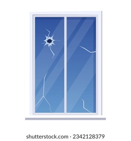 Rectangular window shape with holes illustration. Cartoon drawing of broken window with gunshot holes isolated on white background. Violence, danger, damage, destruction concept