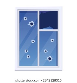 Forma rectangular de ventana con agujeros de ilustración vectorial. Dibujo de caricatura de una ventana rota con agujeros de pistolas aislados en fondo blanco. Violencia, peligro, daños, concepto de destrucción