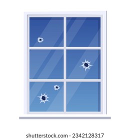 Forma rectangular de ventana con vector de agujeros. Dibujo de caricatura de una ventana rota con agujeros de pistolas aislados en fondo blanco. Violencia, peligro, daños, concepto de destrucción