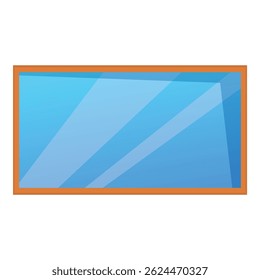 Janela retangular com moldura de madeira refletindo o céu azul com nuvens