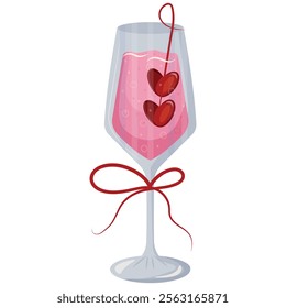 rectangular wine glass icon with pink drink and berries in heart shape and red bow, valentines day design	
