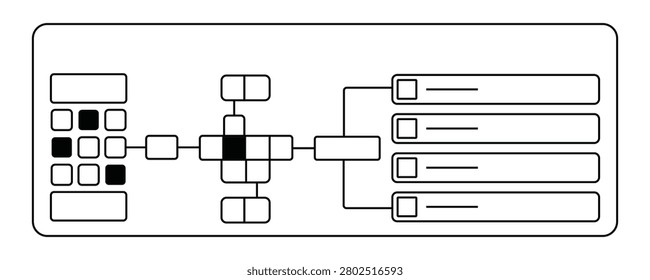 Rectangular wireframe illustrating a complex process flow or system architecture. contains interconnected square and rounded modules, leading to a series of list items. ideal for demonstrating sequential steps or logical connections. isolated on transparent.