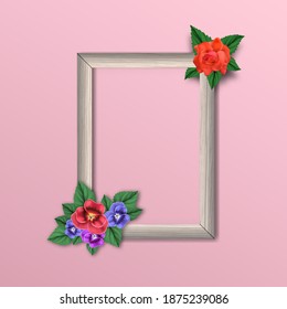 Rectangular wood frame with floral decoration.Template for design.Realistic decoration objects.3D.Vector illustration.
