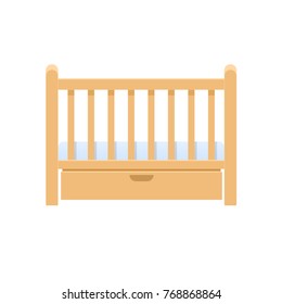 Rectangular wooden bed cradle, with pillow, mattress and protective grilles, for infants. Time for sleep, interior of children's room and the appearance of furniture. Vector flat illustration.