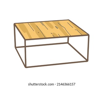 Rectangular wooden coffee table with metal legs. Furniture, interior element. Flat design, hand drawn cartoon, vector illustration.