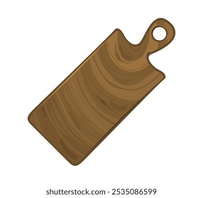 Rectangular wooden cutting board with handle and hanging hole. Isolated illustration of kitchen utensil, ideal for food-related designs.