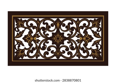 A rectangular wooden panel featuring detailed hand carved floral motifs scrolls and central medallion elements in a dark wood finish.