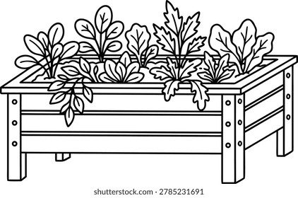 Rectangular wooden raised garden bed filled with various leafy green vegetables and herbs in a simple black and white line style on a plain white background