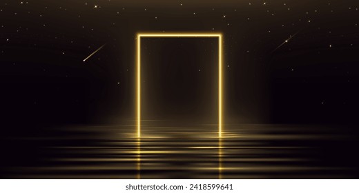 Marco amarillo rectangular sobre fondo de agua oscura. Ilustración vectorial realista del reflejo de la puerta de neón dorado en la superficie líquida, estrellas fugaces brillando en el cielo nocturno, fondo de diseño de fiesta musical