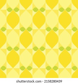 Rectangular yellow lemon themed background. Geometric seamless fruit pattern motif. Simple flat vector illustration, citrus and leaves. For backdrops, covers, prints, fabrics, and wallpapers.