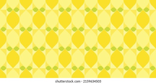 Rectangular yellow lemon themed background. Geometric seamless fruit pattern motif. Simple flat vector illustration, citrus and leaves. For backdrops, covers, prints, fabrics, and wallpapers.