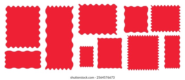 Rectangular zigzag curved box element. Vector wave curve edge borders color. Cloudy set of wavy shapes, set of zigzag shapes. Red color wavy shape