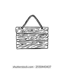 Rectangular-shaped wooden sign with rope, hand-drawn cartoon illustration.