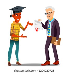 Rector Presenting Diploma To Happy Student In Graduate Cap Vector. Isolated Illustration
