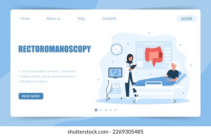 Rectoromanoscopy concept. Landing page template. Arabian female proctologist examine intestine. Elderly woman is being examined in hospital. Vector illustration in flat cartoon style.