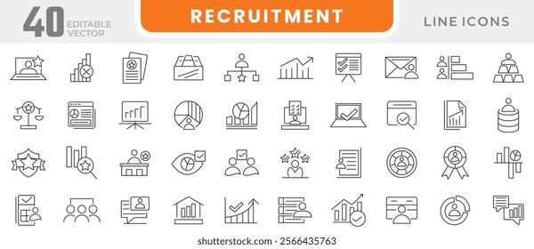 Rectuitment line icon set. Application, job, hire, work, appointment, resume, speech, online, television, defense, debate, time, presentation line icon set. UI thin line icon pack.