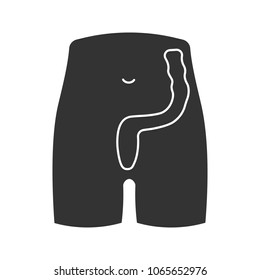 Rectum and anus glyph icon. Last segment of large bowel. Gastrointestinal tract. Silhouette symbol. Negative space. Vector isolated illustration