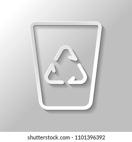 Recucle bin, reuse symbol on backet. Linear, thin outline. Paper style with shadow on gray background