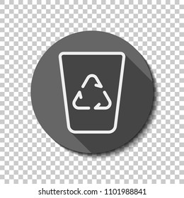 Recucle bin, reuse symbol on backet. Linear, thin outline. flat icon, long shadow, circle, transparent grid. Badge or sticker style