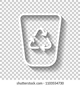 Recucle bin, reuse symbol on backet. Linear, thin outline. White icon with shadow on transparent background