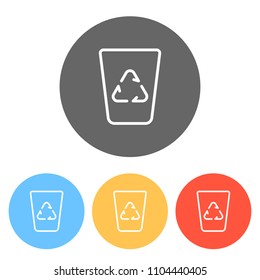 Recucle bin, reuse symbol on backet. Linear, thin outline. Set of white icons on colored circles