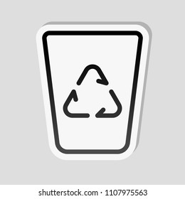 Recucle bin, reuse symbol on backet. Linear, thin outline. Sticker style with white border and simple shadow on gray background