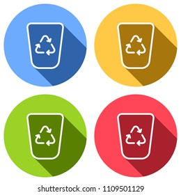 Recucle bin, reuse symbol on backet. Linear, thin outline. Set of white icons with long shadow on blue, orange, green and red colored circles. Sticker style